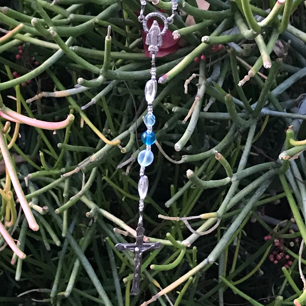 Virgin Mary and Cross Charms on a Long Necklace
